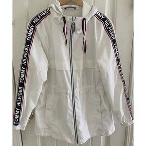 Tommy Hilfiger Women's Lightweight Hooded Rain Jacket White Size M